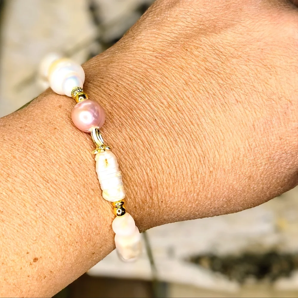 Pink Opal &  Baroque Pearls In Assymetrical Free Form Artisan Bracelet